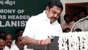 Tamil Nadu chief minister Edappadi K Palaniswami after taking the oath of secrecy administered by governor Vidyasagar Rao during the swearing-in ceremony at Raj Bhavan in Chennai on Thursday.(HT Photo) Tamil Nadu chief minister Edappadi K Palaniswami after taking the oath of secrecy administered by governor Vidyasagar Rao during the swearing-in ceremony at Raj Bhavan in Chennai on Thursday.(HT Photo)
