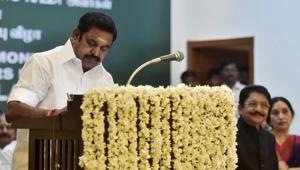 Chief minister Edappadi K Palaniswami after taking the oath of secrecy administered by Governor C Vidyasagar Rao during the swearing-in ceremony at Raj Bhavan in Chennai on Thursday.(PTI) Chief minister Edappadi K Palaniswami after taking the oath of secrecy administered by Governor C Vidyasagar Rao during the swearing-in ceremony at Raj Bhavan in Chennai on Thursday.(PTI)