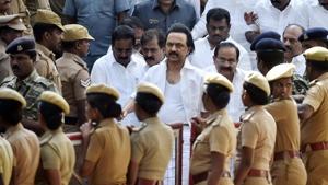 Tamil Nadu opposition leader MK Stalin leaves the assembly premises after the ruckus during the vote of confidence in Chennai on Saturday.(PTI) Tamil Nadu opposition leader MK Stalin leaves the assembly premises after the ruckus during the vote of confidence in Chennai on Saturday.(PTI)