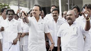 DMK working president M Stalin along with his party MLAs at the Tamil Nadu Secretariat in Chennai on Saturday.(PTI Photo) DMK working president M Stalin along with his party MLAs at the Tamil Nadu Secretariat in Chennai on Saturday.(PTI Photo)
