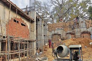 Construction work in full swing at Mansa Devi temple in Panchkula on Tuesday.(Sant Arora/HT) Construction work in full swing at Mansa Devi temple in Panchkula on Tuesday.(Sant Arora/HT)