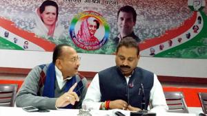 Brajesh Pandey (left) sitting alongside BPCC president Ashok Choudhary.(Facebook page of Ashok Choudhary) Brajesh Pandey (left) sitting alongside BPCC president Ashok Choudhary.(Facebook page of Ashok Choudhary)