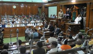 Bihar governor Ramnath Kovind addressing a joint sitting of two houses of state legislature in Patna on Thursday.(AP Dube/HT photo) Bihar governor Ramnath Kovind addressing a joint sitting of two houses of state legislature in Patna on Thursday.(AP Dube/HT photo)
