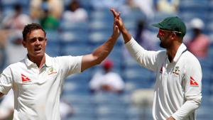 Australia cricket team spinners Steve O'Keefe (12) and Nathan Lyon (5) took 17 wickets between them as the visitors beat India cricket team by 333 runs in the first Test in Pune.(REUTERS) Australia cricket team spinners Steve O'Keefe (12) and Nathan Lyon (5) took 17 wickets between them as the visitors beat India cricket team by 333 runs in the first Test in Pune.(REUTERS)