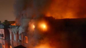 The flames could be tamed only around midday on Tuesday. The crowded area increased the worries of the fire fighters.(HT Photo) The flames could be tamed only around midday on Tuesday. The crowded area increased the worries of the fire fighters.(HT Photo)
