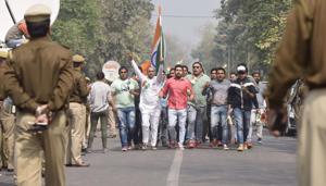 ABVP members from across the Capital join in the protest at North campus.(Ravi Choudhary / HT Photo) ABVP members from across the Capital join in the protest at North campus.(Ravi Choudhary / HT Photo)