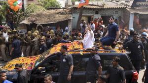 Prime Minister Narendra Modi during a roadshow in Varanasi on Saturday.(Arun Sharma/HT PHOTO) Prime Minister Narendra Modi during a roadshow in Varanasi on Saturday.(Arun Sharma/HT PHOTO)