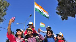 Tourists take photos with India’s highest tricolour hoisted at Attari Border near Amritsar on Sunday, March 05, 2017.(Sameer Sehgal/ Hindustan Times) Tourists take photos with India’s highest tricolour hoisted at Attari Border near Amritsar on Sunday, March 05, 2017.(Sameer Sehgal/ Hindustan Times)