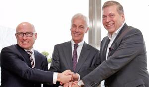(L-R) Bernhard Maier, CEO of Skoda Auto, Matthias Mueller, CEO of Volkswagen AG and Guenter Butschek, CEO and MD of Tata Motors at the announcement of the partnership on Friday.(Tata Motors) (L-R) Bernhard Maier, CEO of Skoda Auto, Matthias Mueller, CEO of Volkswagen AG and Guenter Butschek, CEO and MD of Tata Motors at the announcement of the partnership on Friday.(Tata Motors)