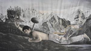 New Myths Second Incarnation, the First; by Waswo X. Waswo (with Rajesh Soni); hand-coloured black and white digital print; 2011(Photo courtesy: Tasveer) New Myths Second Incarnation, the First; by Waswo X. Waswo (with Rajesh Soni); hand-coloured black and white digital print; 2011(Photo courtesy: Tasveer)