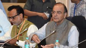 Finance minister Arun Jaitley at the GST Council Meeting at Vigyan Bhawan in New Delhi on Thursday.(PTI) Finance minister Arun Jaitley at the GST Council Meeting at Vigyan Bhawan in New Delhi on Thursday.(PTI)