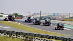 Trucks racing at the T1 Prima Truck racing by Tata Motors at Buddh International Circut in Greater Noida on Saturday.(PTI) Trucks racing at the T1 Prima Truck racing by Tata Motors at Buddh International Circut in Greater Noida on Saturday.(PTI)