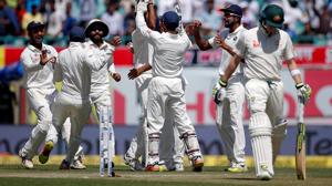 Indian bowlers dismissed Australia for 137 on day 3 of the India vs Australia Dharamsala Test on Monday. The home team needs 87 runs more to clinch match and series. The dismissal of Steve Smith (17) was the turning point for India.(REUTERS) Indian bowlers dismissed Australia for 137 on day 3 of the India vs Australia Dharamsala Test on Monday. The home team needs 87 runs more to clinch match and series. The dismissal of Steve Smith (17) was the turning point for India.(REUTERS)
