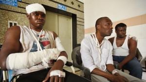 African students who were injured in Monday’s violence at a Noida hospital on Tuesday.(Virendra Singh Gosain/HT Photo)