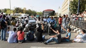 JNU students block traffic during a protest outside the UGC building in New Delhi.(PTI File Photo)