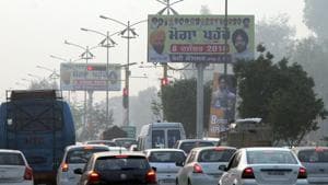 Hoardings put up in the name of Ludhiana councillor Veeran Bedi (right) sans her picture. Her husband Harpreet Singh Bedi, an Akali leader, and son Gurpreet Singh Bedi, however, feature prominently on the hoardings.(HT File Photo)