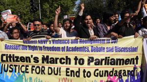 Students from Delhi University and Jawaharlal Nehru University shout slogans as they march behind a banner during a rally in New Delhi on March 4, 2017(AFP) Students from Delhi University and Jawaharlal Nehru University shout slogans as they march behind a banner during a rally in New Delhi on March 4, 2017(AFP)