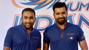 Mumbai Indians' coach Mahela Jayawardene and captain Rohit Sharma during a press conference in Mumbai on Sunday.(PTI) Mumbai Indians' coach Mahela Jayawardene and captain Rohit Sharma during a press conference in Mumbai on Sunday.(PTI)