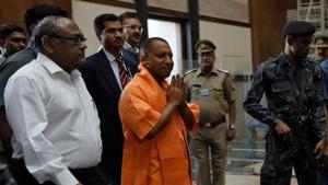 Yogi Adityanath, newly appointed chief minister of Uttar Pradesh, arrives to attend a meeting with government officials at Lok Bhavan in Lucknow on March 20.(Reuters) Yogi Adityanath, newly appointed chief minister of Uttar Pradesh, arrives to attend a meeting with government officials at Lok Bhavan in Lucknow on March 20.(Reuters)