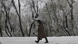 A man walks during snowfall on the outskirts of Srinagar.Kashmir Valley reeled under unprecedented rain and snow that swelled rivers and inundated vast areas.(Waseem Andrabi /HT Photo) A man walks during snowfall on the outskirts of Srinagar.Kashmir Valley reeled under unprecedented rain and snow that swelled rivers and inundated vast areas.(Waseem Andrabi /HT Photo)