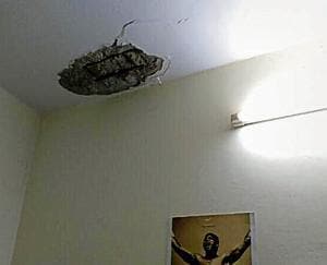 A final-year student of Delhi University’s Hans Raj College had a narrow escape on Saturday night as the plaster on his hostel room ceiling fell on his bed.