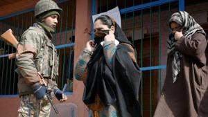 Women coming out from a polling station after casting their vote at Budgam in Srinagar on Sunday.(PTI Photo) Women coming out from a polling station after casting their vote at Budgam in Srinagar on Sunday.(PTI Photo)