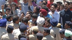 ABVP activists during their protest in front of VC’s office at Panjab University in Chandigarh on Monday.(Anil Dayal/HT Photo) ABVP activists during their protest in front of VC’s office at Panjab University in Chandigarh on Monday.(Anil Dayal/HT Photo)