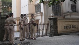 Police personal wait outside Kulbhushan Jadhav's residence in Mumbai on Monday.(Prashant Waydande /HT photo) Police personal wait outside Kulbhushan Jadhav's residence in Mumbai on Monday.(Prashant Waydande /HT photo)