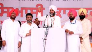 Punjab finance minister Manpreet Singh Badal addressing the Congress rally on Baisakhi at Talwandi Sabo in Bathinda on Thursday.(Sanjeev Kumar/HT) Punjab finance minister Manpreet Singh Badal addressing the Congress rally on Baisakhi at Talwandi Sabo in Bathinda on Thursday.(Sanjeev Kumar/HT)