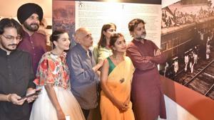 Minister Navjot Singh Sidhu with producer Mahesh Bhatt, director Srijit Mukherji, and actor Gauhar Khan and others from the film’s team at Partition Museum, Amritsar, on Friday, April 14.(Gurpreet Singh/HT)