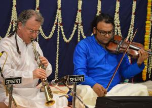 Saxophone player George Brooks (L) with Deepak Pandit. Saxophone player George Brooks (L) with Deepak Pandit.