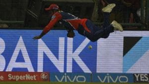 Sanju Samson dives to save a boundary during the 2017 Indian Premier League (IPL) Twenty20 match between Delhi Daredevils and Kolkata Knight Riders at the Feroz Shah Kotla on April 17, 2017.(AFP)