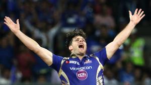 Mitchell McClenaghan of Mumbai Indians celebrates the wicket of Sanju Samson of Delhi Daredevil during their 2017 Indian Premier League match at Wankhede Stadium in Mumbai on Saturday.(BCCI) Mitchell McClenaghan of Mumbai Indians celebrates the wicket of Sanju Samson of Delhi Daredevil during their 2017 Indian Premier League match at Wankhede Stadium in Mumbai on Saturday.(BCCI)