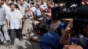 Delhi CM Arvind Kejriwal exit a polling booth after casting his vote in New Delhi.(PTI) Delhi CM Arvind Kejriwal exit a polling booth after casting his vote in New Delhi.(PTI)