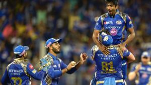 Jasprit Bumrah celebrates after dismissing a Gujarat Lions batsman in an Indian Premier League (IPL) 2017 match. Get highlights of Gujarat Lions vs Mumbai Indians here.(AFP) Jasprit Bumrah celebrates after dismissing a Gujarat Lions batsman in an Indian Premier League (IPL) 2017 match. Get highlights of Gujarat Lions vs Mumbai Indians here.(AFP)