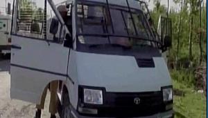 The cash van that was attacked by suspected militants in south Kashmir’s Kulgam on Monday.(Photo: ANI/Twitter) The cash van that was attacked by suspected militants in south Kashmir’s Kulgam on Monday.(Photo: ANI/Twitter)