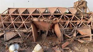 About half a dozen bulldozers worked overnight on April 23 at Pragati Maidan to pull down five iconic buildings — Hall of Nations and Hall of Industries (a cluster of four buildings).(PTI File Photo) About half a dozen bulldozers worked overnight on April 23 at Pragati Maidan to pull down five iconic buildings — Hall of Nations and Hall of Industries (a cluster of four buildings).(PTI File Photo)