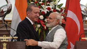 Turkish President Recep Tayyip Erdogan (left) and Indian Prime Minister Narendra Modi after an exchange of agreements during a joint press conference in New Delhi on Monday.(AFP) Turkish President Recep Tayyip Erdogan (left) and Indian Prime Minister Narendra Modi after an exchange of agreements during a joint press conference in New Delhi on Monday.(AFP)