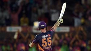 Rising Pune Supergiant’s (RPS) Ben Stokes celebrates after scoring a century against Gujarat Lions (GL) in their 2017 Indian Premier League (IPL) match at the Maharashtra Cricket Association Stadium in Pune on Monday.(AFP)