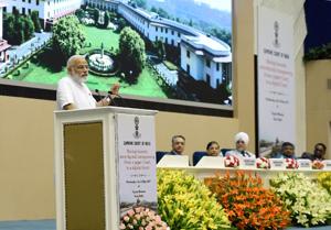 Prime Minister Narendra Modi addresses the event marking introduction of digital filing as a step towards a paperless Supreme Court in New Delhi on Wednesday.(Photo: PIB) Prime Minister Narendra Modi addresses the event marking introduction of digital filing as a step towards a paperless Supreme Court in New Delhi on Wednesday.(Photo: PIB)