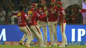 Kings XI Punjab celebrates the dismissal of a Kolkata Knight Riders batsman during an Indian Premier League (IPL) 2017 match in Mohali.(BCCI) Kings XI Punjab celebrates the dismissal of a Kolkata Knight Riders batsman during an Indian Premier League (IPL) 2017 match in Mohali.(BCCI)
