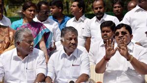AIADMK leader O Panneerselvam (centre) hinted at an alliance with BJP after meeting Prime Minister Narendra Modi in New Delhi on Saturday. But he soon rectified the message. In the picture are AIADMK Rajya Sabha MP V Maitreyan (right) and senior party leader E Madhusudhanan at a press conference in New Delhi earlier.(PTI FILE PHOTO) AIADMK leader O Panneerselvam (centre) hinted at an alliance with BJP after meeting Prime Minister Narendra Modi in New Delhi on Saturday. But he soon rectified the message. In the picture are AIADMK Rajya Sabha MP V Maitreyan (right) and senior party leader E Madhusudhanan at a press conference in New Delhi earlier.(PTI FILE PHOTO)