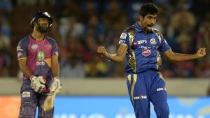 Mumbai Indians (MI) pacer Jasprit Bumrah (R) celebrates after the dismissal of Rising Pune Supergiant (RPS) batsman Rahul Tripathi (L) during the 2017 Indian Premier League (IPL) final at the Rajiv Gandhi International Cricket Stadium in Hyderabad on Sunday.(AFP) Mumbai Indians (MI) pacer Jasprit Bumrah (R) celebrates after the dismissal of Rising Pune Supergiant (RPS) batsman Rahul Tripathi (L) during the 2017 Indian Premier League (IPL) final at the Rajiv Gandhi International Cricket Stadium in Hyderabad on Sunday.(AFP)