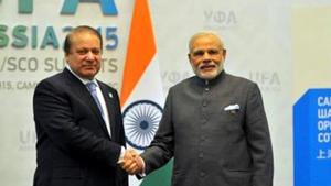 Prime Minister Narendra Modi shakes hands with his Pakistani counterpart Nawaz Sharif ahead of bilateral talks in Russia’s Ufa in 2015.(File photo) Prime Minister Narendra Modi shakes hands with his Pakistani counterpart Nawaz Sharif ahead of bilateral talks in Russia’s Ufa in 2015.(File photo)