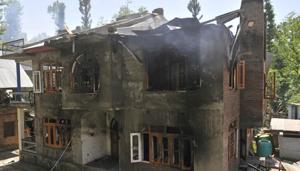 The house in Tral, Jammu and Kashmir, where two militants were killed during gunfight with security forces on May 27, 2017.(Waseem Andrabi / HT Photo) The house in Tral, Jammu and Kashmir, where two militants were killed during gunfight with security forces on May 27, 2017.(Waseem Andrabi / HT Photo)