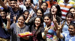 Students celebrate their success after the announcement of CBSE class 12th results on Sunday.(PTI) Students celebrate their success after the announcement of CBSE class 12th results on Sunday.(PTI)