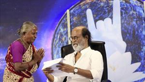 Tamil superstar Rajinikanth meeting a fan in Chennai(PTI) Tamil superstar Rajinikanth meeting a fan in Chennai(PTI)