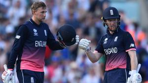England's Joe Root and Eoin Morgan (R) celebrate after their team’s win over Bangladesh in an ICC Champions Trophy 2017 match. Get highlights of England vs Bangladesh here.(AFP) England's Joe Root and Eoin Morgan (R) celebrate after their team’s win over Bangladesh in an ICC Champions Trophy 2017 match. Get highlights of England vs Bangladesh here.(AFP)