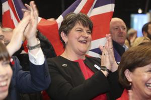 DUP leader Arlene Foster in East Belfast during the counting of votes.(AP) DUP leader Arlene Foster in East Belfast during the counting of votes.(AP)