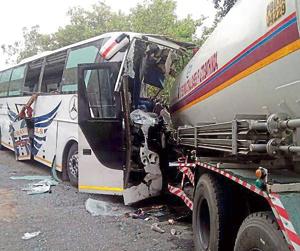 A tourist bus that collided with a tanker near Kathgarh village in SBS Nagar on June 6.(HT File) A tourist bus that collided with a tanker near Kathgarh village in SBS Nagar on June 6.(HT File)